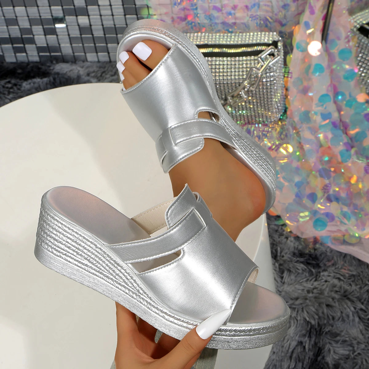 Women Sandals Summer Cross Large Wedge Heel Shoes Thick Bottom Zpaxo Silver 38
