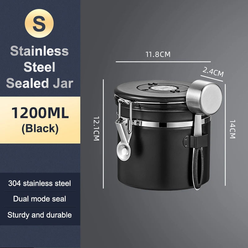 1.2 1.5 1.8L Coffee Bean Jar Airtight Canister Sealed Stainless Steel With Spoon One Way Valve Cannister Coffee Storage Kitchen Zpaxo 1200ml Black