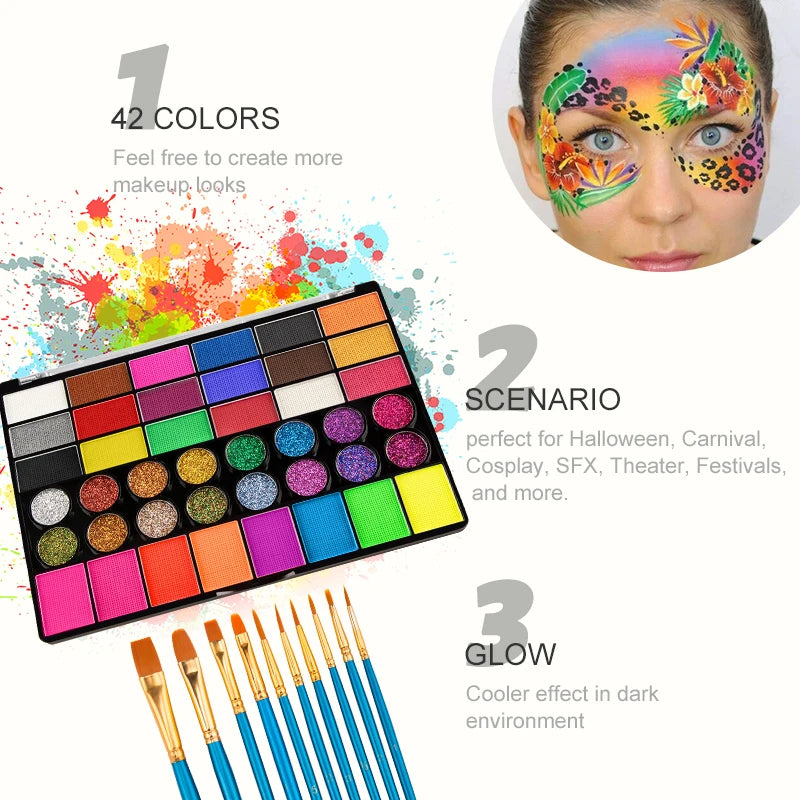 42 Color Face & Body Paint Palette Set,Water Soluble Long Lasting Safe Halloween Body Painting Pigments,Face Body Paint Makeup Zpaxo