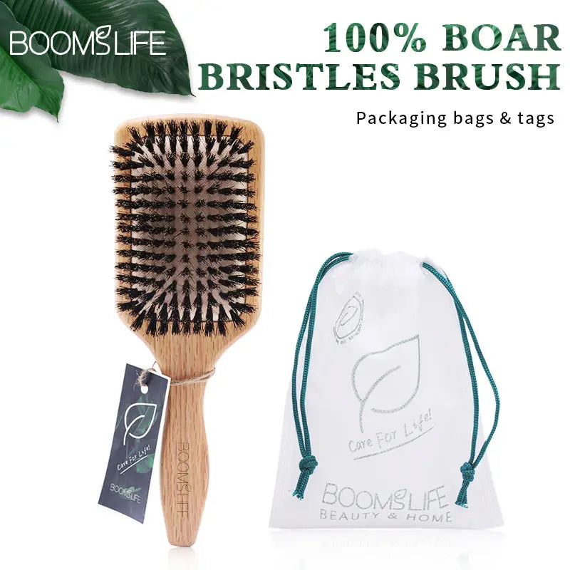 Boar Bristle HairBrush Wood Hair Brush Peine OAK Wood Combs for Women Barber Beauty Care Paddle Scalp Massage Brush Zpaxo