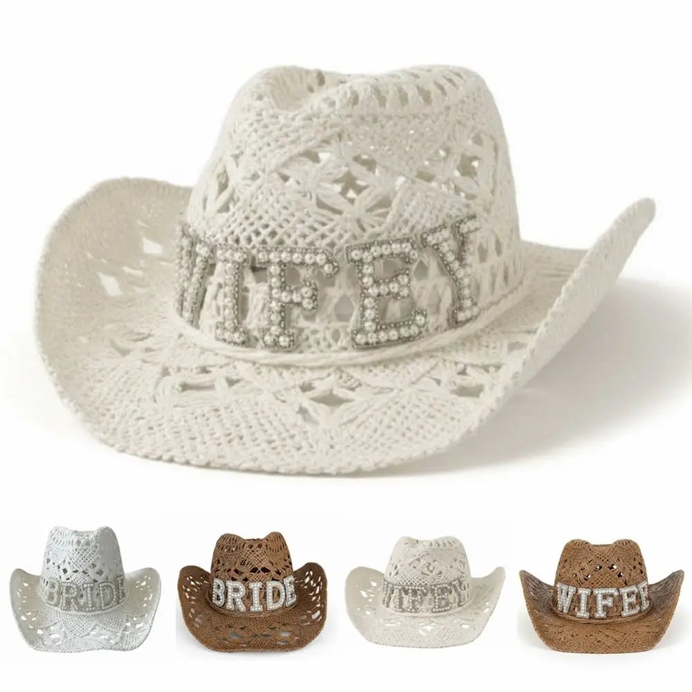 Fashion Rhinestone Letters Bride Wifey Cowboy Hat Crochet Breathable Cowgirl Hat Hollow Sun Hat For Wedding Bridal Party Zpaxo