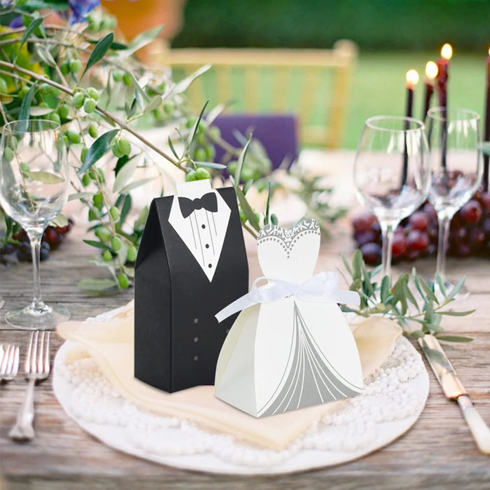 50Pcs Bride And Groom Candy Boxes Wedding Favor Tuxedo Wedding Dress for Bridal Shower Deco Gifts Packaging Boxes Party Supplies Zpaxo