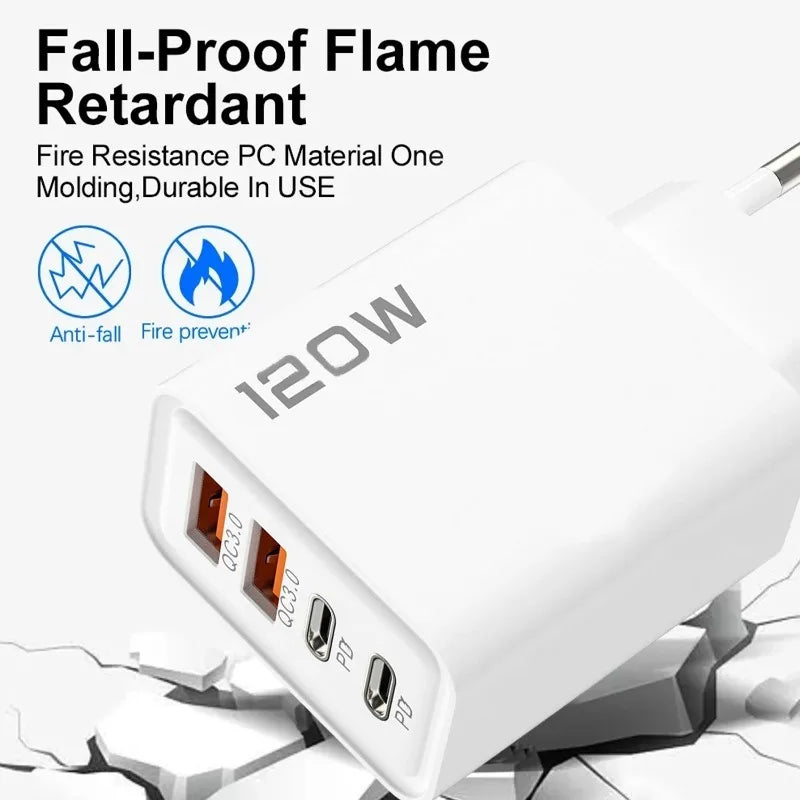 120W 4 Port USB C Charger Fast Charging Data Cable Phone Adapter