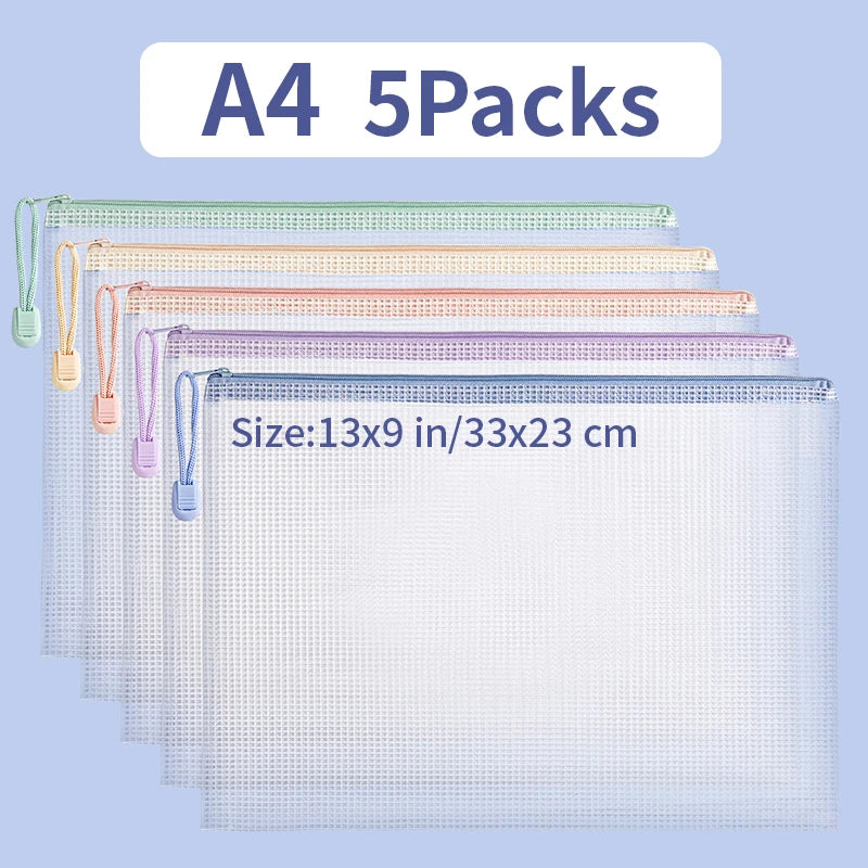 5- Mesh Zipper Pouch Document Bag Waterproof Zip File Folders A4 A5 Zpaxo A4 5pcs