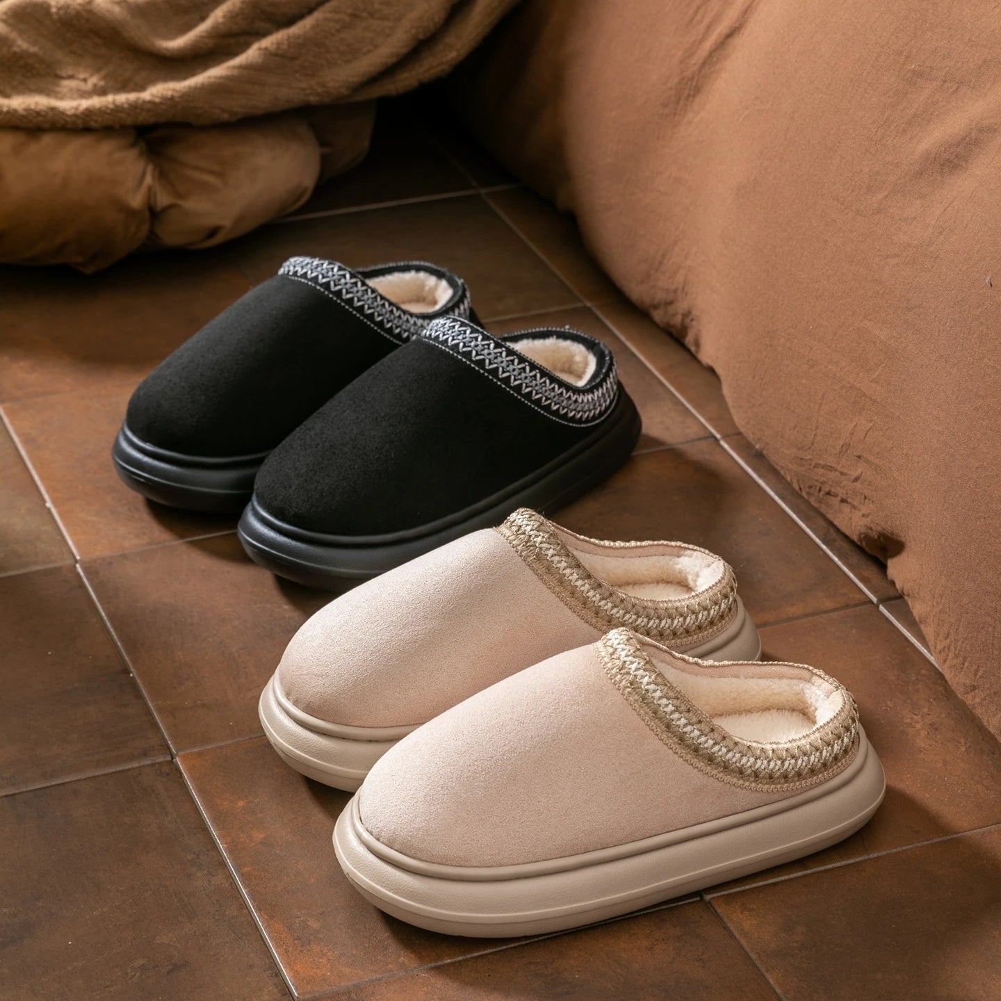 Fashion Ladies Suede Autumn Winter Slippers Plush Warm Non-slip