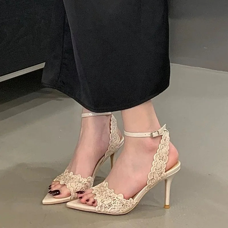 Luxury Lace Embroidery Sandals Women S Sexy Pointed Toe Heels Elegant Zpaxo Beige 35