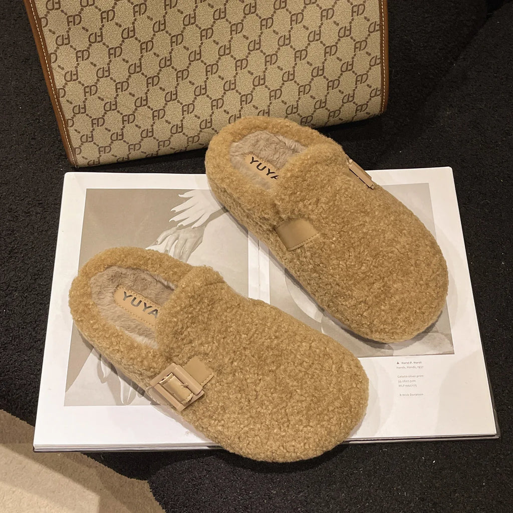Soft Footbed Teddy Fur Mule Clogs Woman Winter Warm Plush Slide