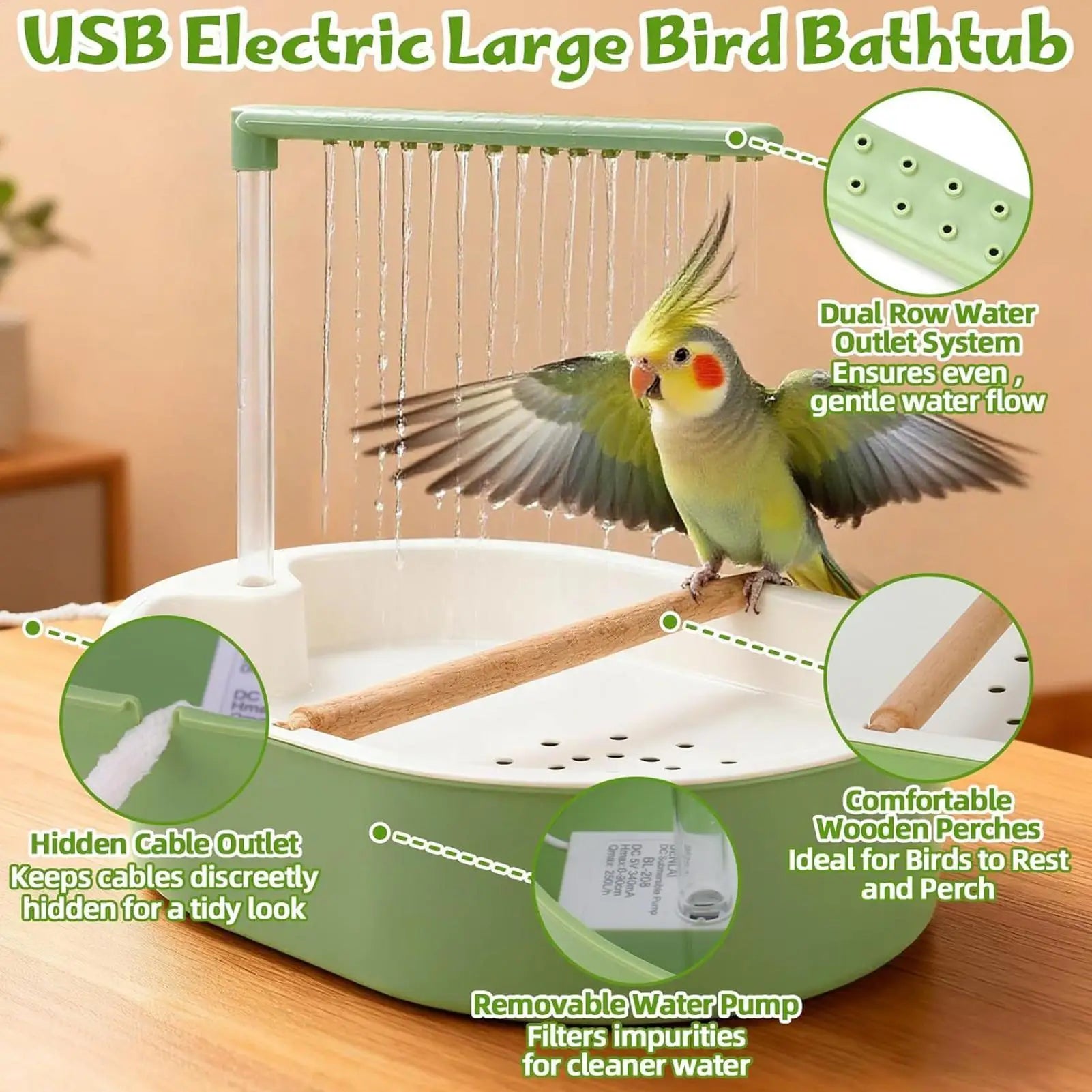 Automatic Bird Cage Bath 26 Hole Circulating Parrot Shower Cockatiel