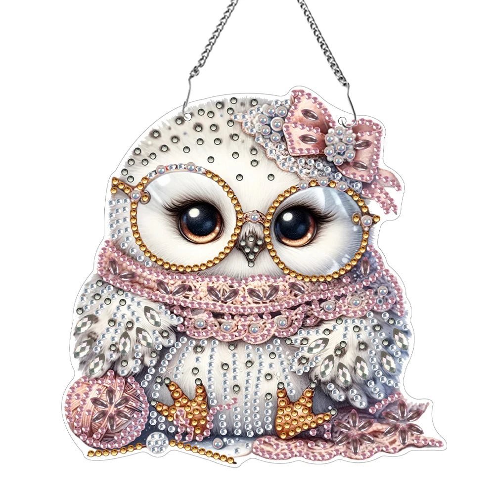 Single Sided Acrylic Owl Diamond Painting Hanging Pendant 5D DIY Dots Zpaxo Pink Fur Ball Owl