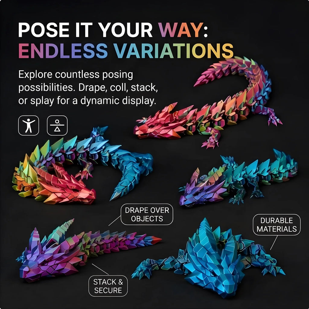 3D Printed Articulated Dragon Flexi Fidget Toy Posable Crystal Desk