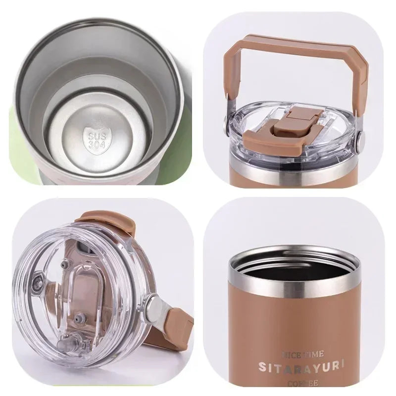 Stainless Steel Tumbler Straw Insulated Thermos Coffee Cup Handle