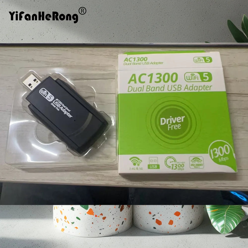 Wi-Fi Dongle USB Adapter Dual Band 2.4G/5Ghz 1300M 802.11AC Powerful Antenna Wireless For Win7/10/11 PC/Laptop Driver Free Zpaxo Default Title