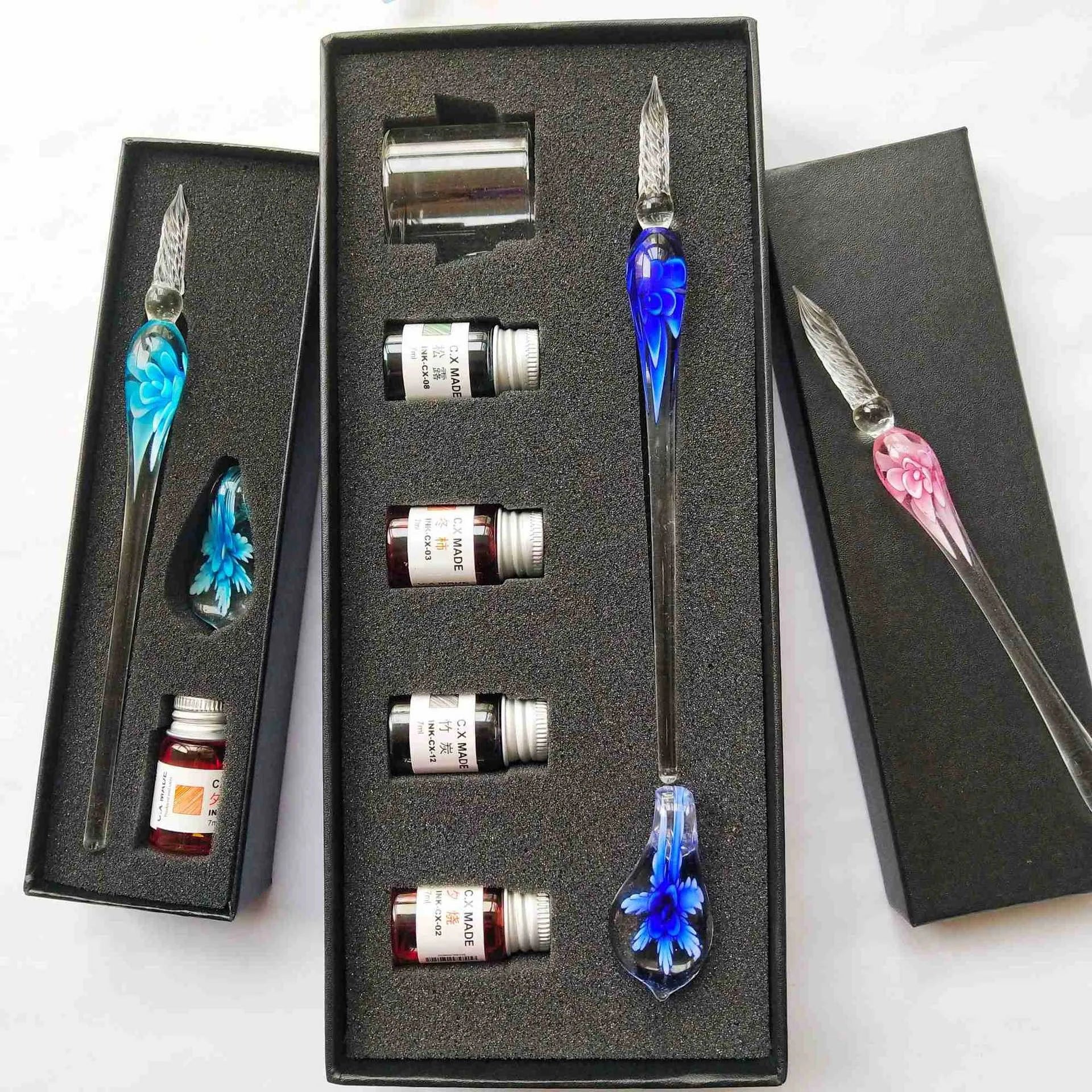 Embedded Flower Glass Dip Pen Set – Elegant Gift Box