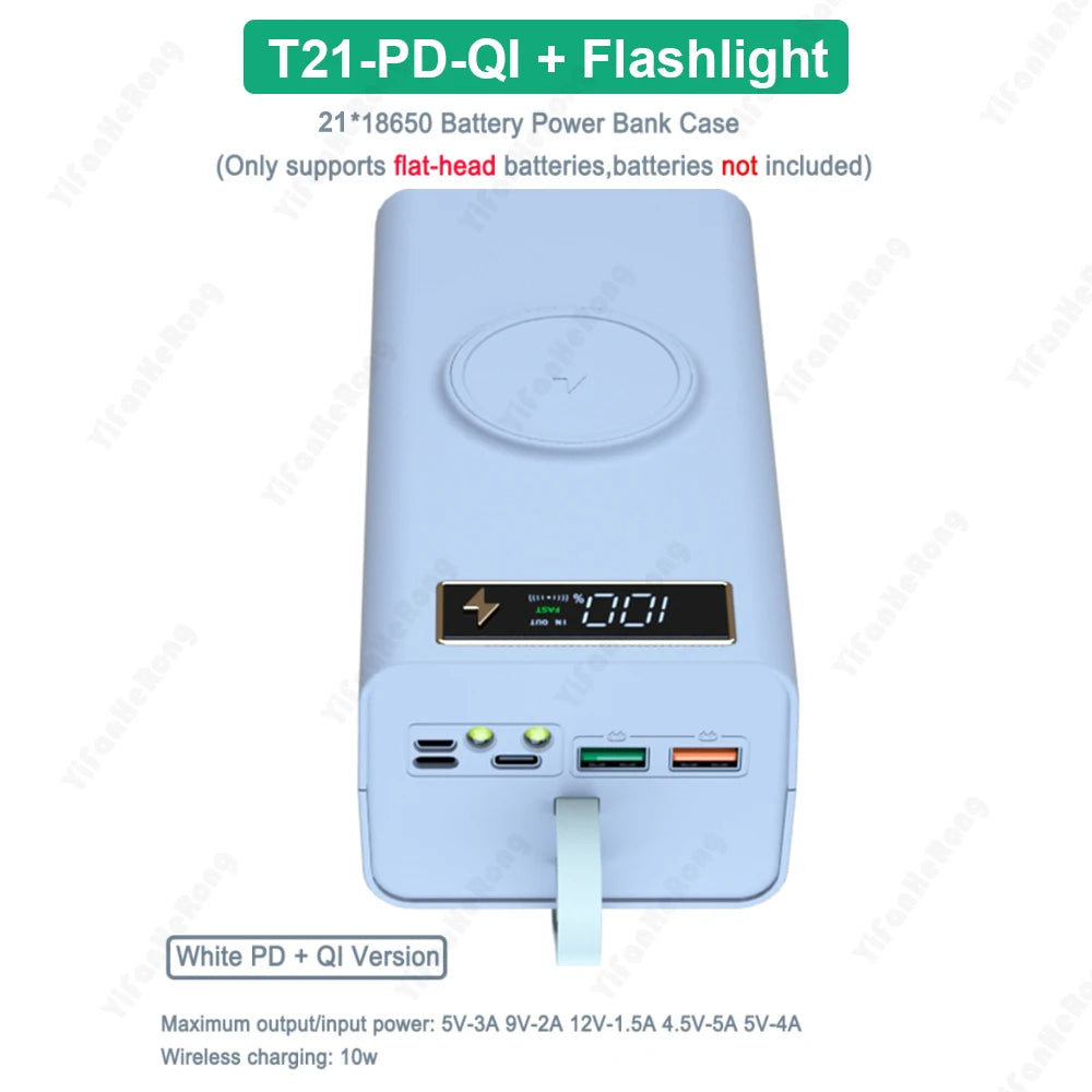 21x18650 Power Bank Case Wireless Fast Charge PD3.0 QC4.0 For Phone Charging No Soldering Push-pull DIY Battery Storage Boxes Zpaxo