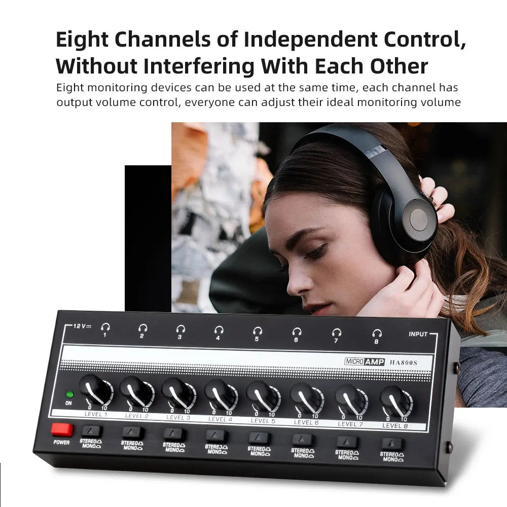 8 Channels Headphone Amplifier Mini Stereo Mono Switch Professional