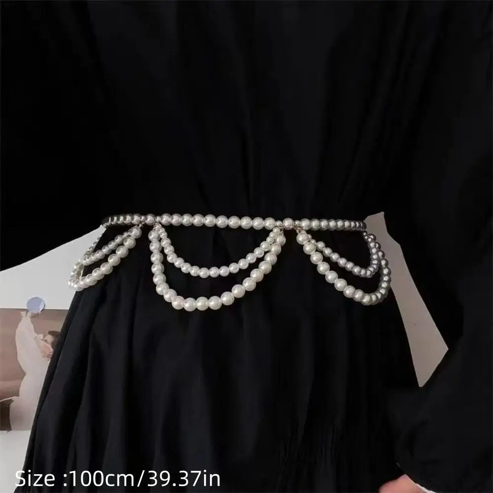 New Elegant Pearl Waist Chain French Style Adjustable Body Jewelry Y2K Style Waist Belt For Women Dresses Zpaxo
