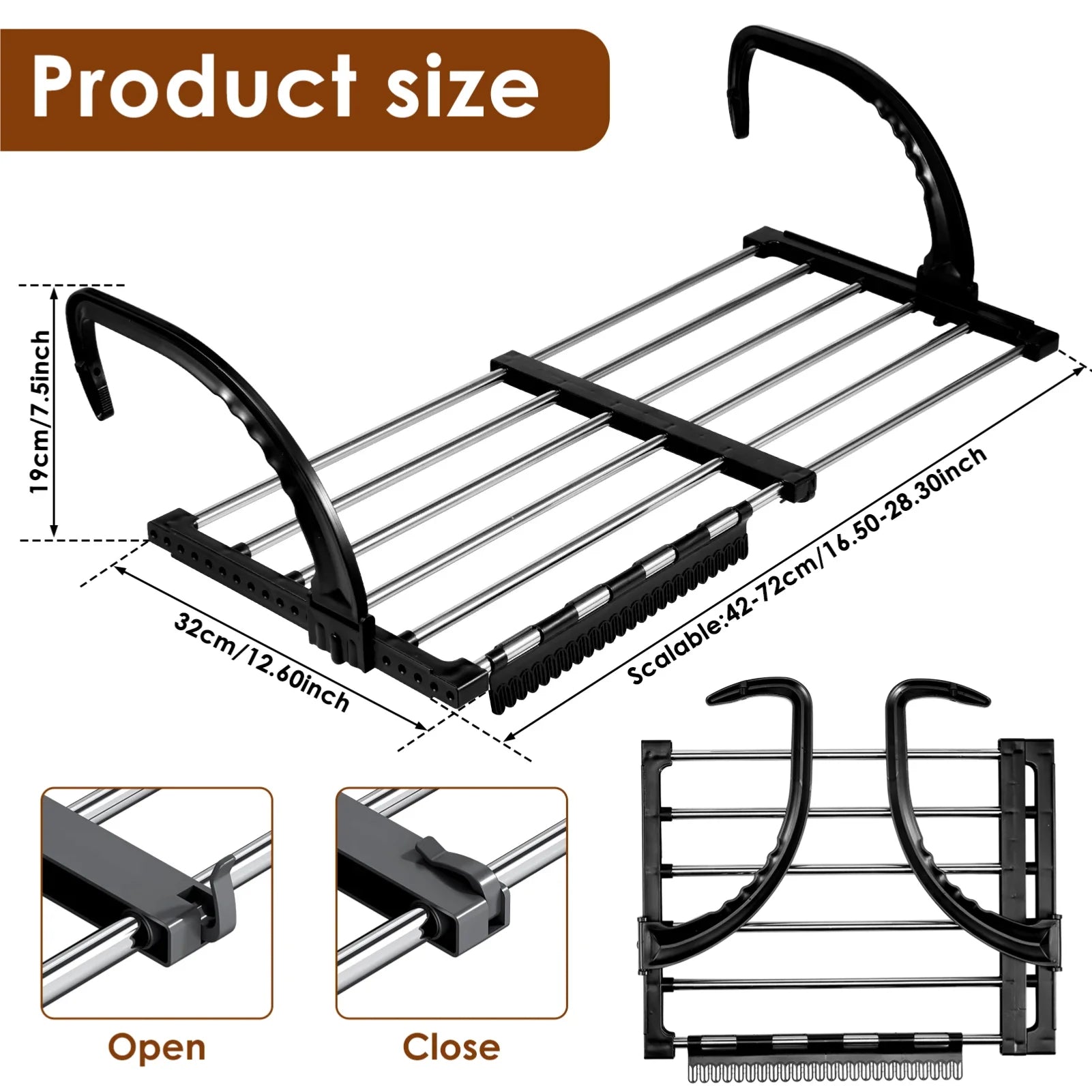 New Foldable Radiator Drying Rack Extendable Clothes Drying Hanger Stainless Steel 42-72cm Shoes Towels Drying Rack for Balcony Zpaxo