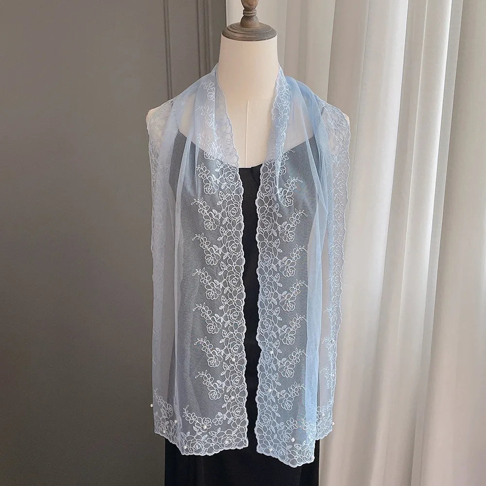 Spring Summer Thin Silk Scarf 153x30cm Soft Small Long Scarf Pearl Decorative Embroidered Flower Women Lace Shawl Zpaxo