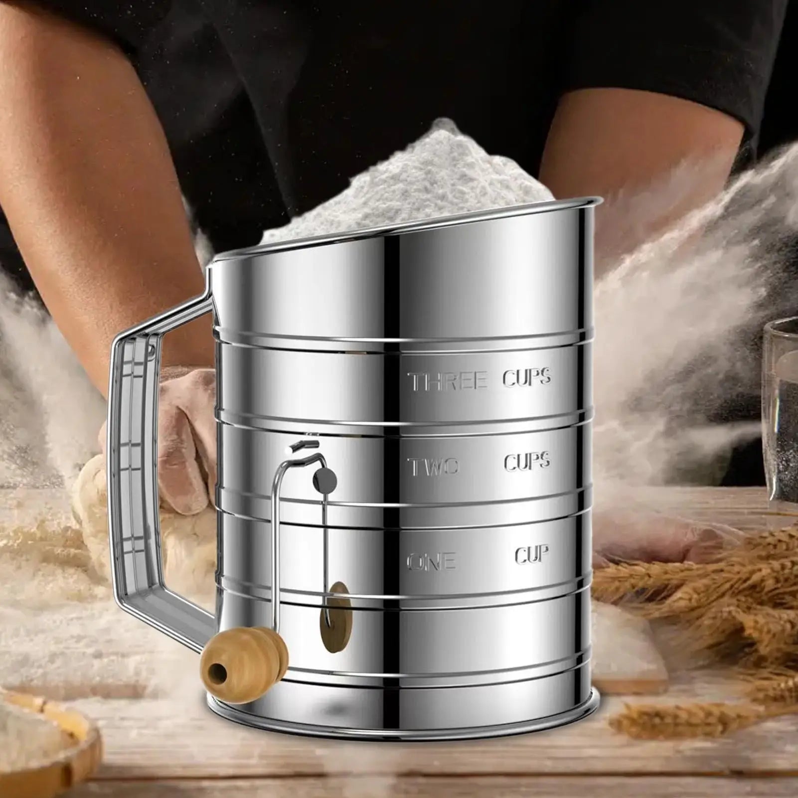 Flour Sifter Rotary Hand Crank Duster Dishwasher Safe Kitchen Sifting