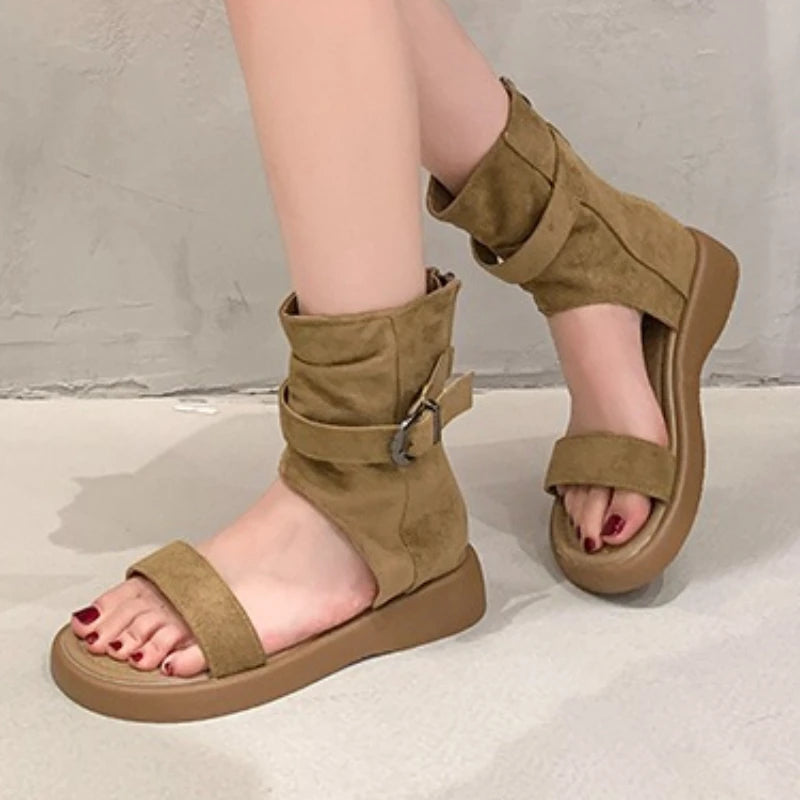 Women's Round Open Toe Solid Vintage Comfortable Sandals Women Casual Zpaxo