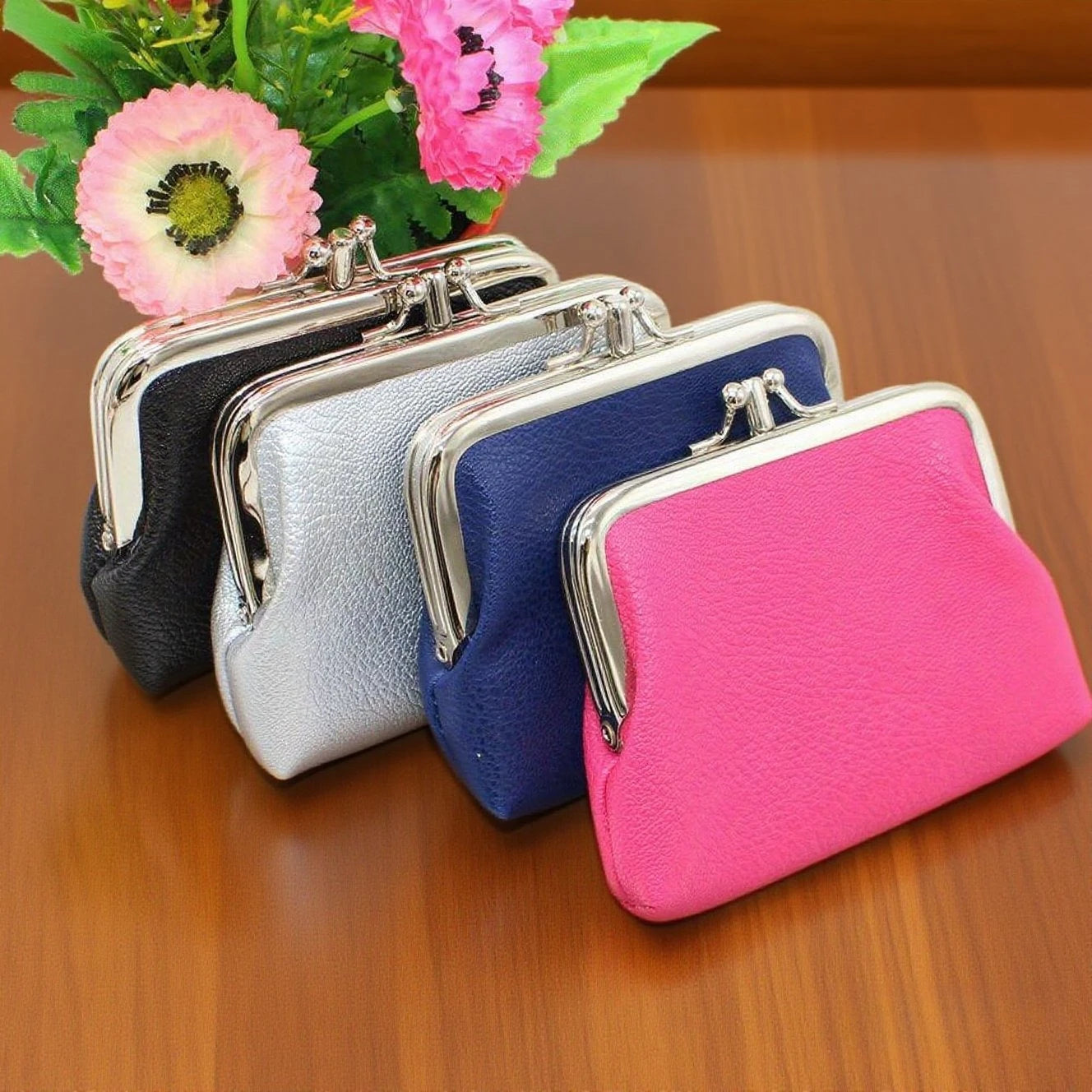 Cute Clip Lock Women's Coin Purse Retro Solid Color Bifold Kiss Lock Small Wallet Simple PU Leather Lipstick Portable Pocket Bag Zpaxo
