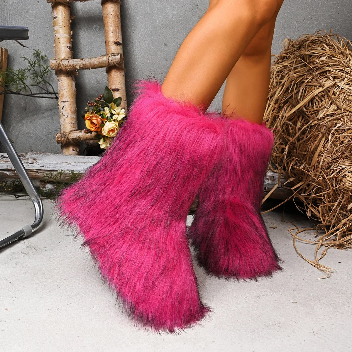 2025 New Women Fur Boots Fluffy Plush Warm Mid Calf Snow Boots Luxury Fashion Furry Boots Comfortable Outdoor Flat Shoes Women Zpaxo
