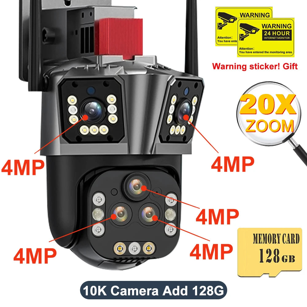 10K 20MP WiFi IP Camera 20X Zoom Four Lens Three Screen PTZ Cameras Outdoor 16MP 8K Video Surveillance Cam CCTV Security Camera Zpaxo 10K Camera Add 128G EU Plug