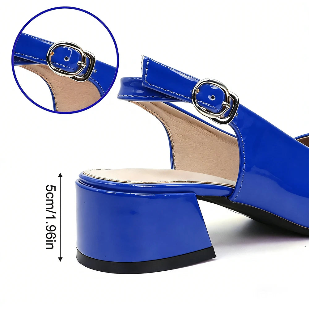 Women's Blue Square Heel Ankle Strap Sandals | Zpaxo