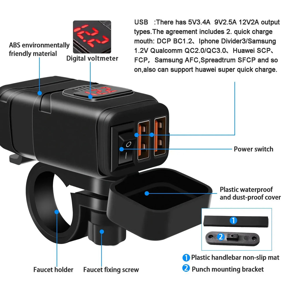 12V Fast Charging Motorcycle USB Chargers 3.0 Power Adapter Digital Bike Moto Motor Motorbike Accessories Electronics Universal Zpaxo