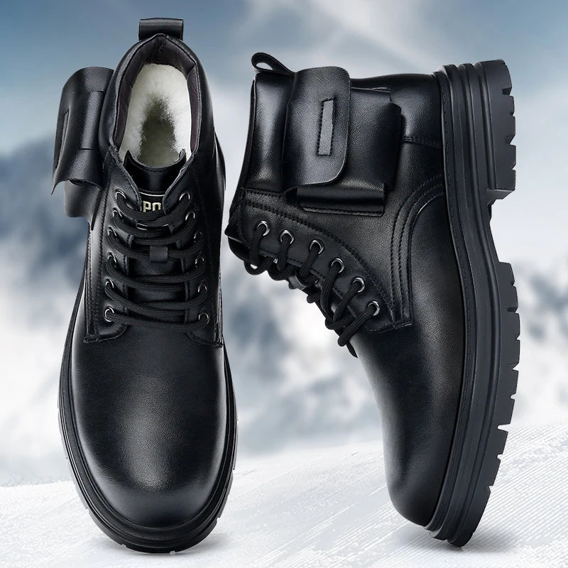Mens Rechargeable Heated Winter Boots Wool Lined Leather Snow Thick Zpaxo
