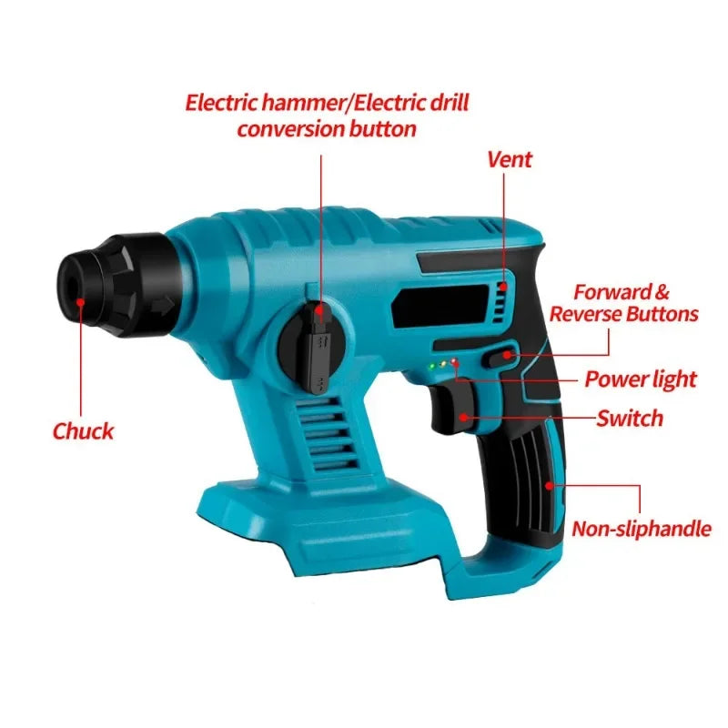 1000W 3600rpm Cordless Electric Rotary Hammer Rechargeable 8600ipm