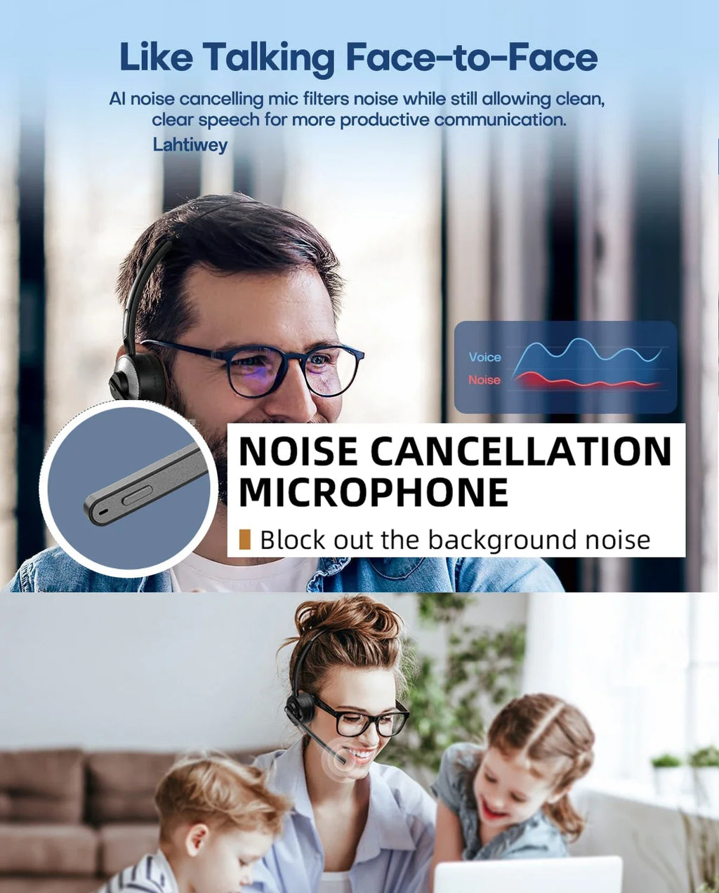 Bluetooth Wireless Headset Microphone Noise Cancelling Single Ear