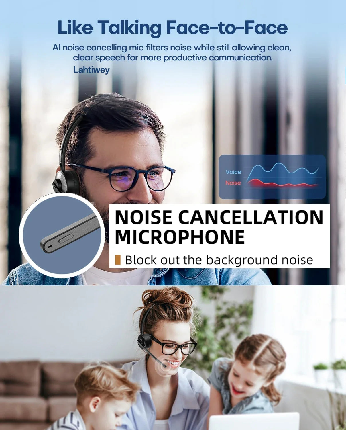 Bluetooth Wireless Headset Microphone Noise Cancelling Single Ear