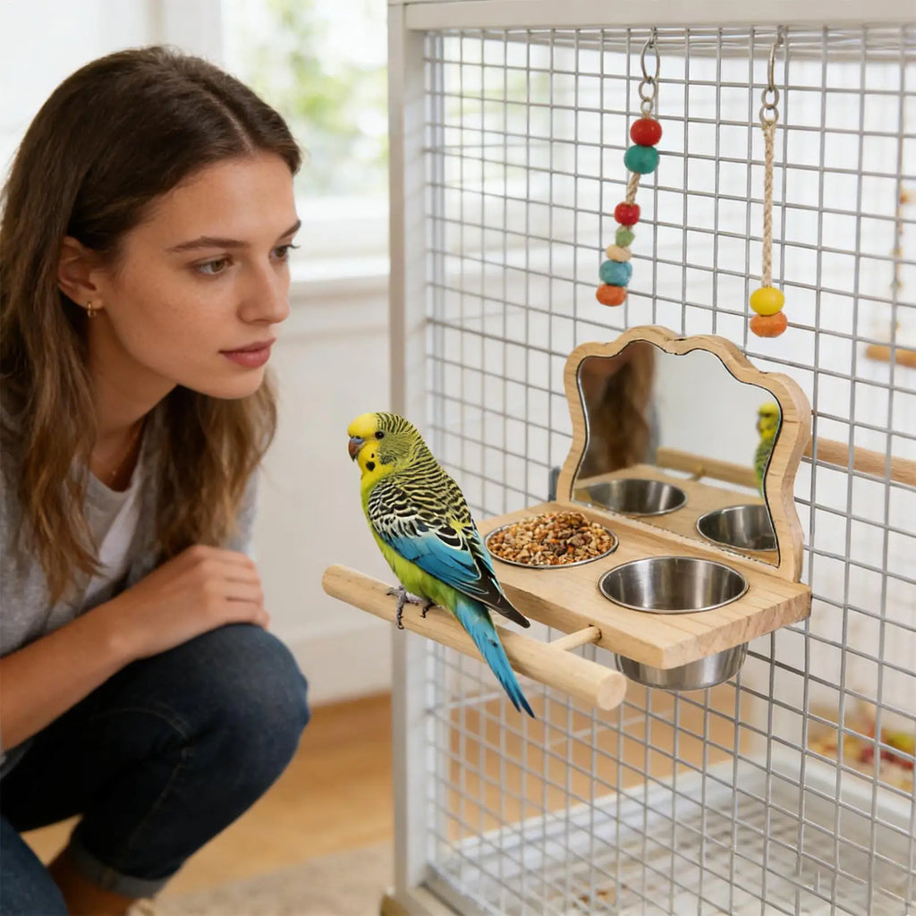 Bird Perch with Feeder Cage Accessories Bird Play Toy Parakeet Food Water Feeder Perch with Mirror for Parrots Parakeets Conures Zpaxo
