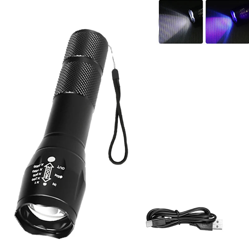 2-in-1 UV & White LED Flashlight – 395nm Zoomable Torch