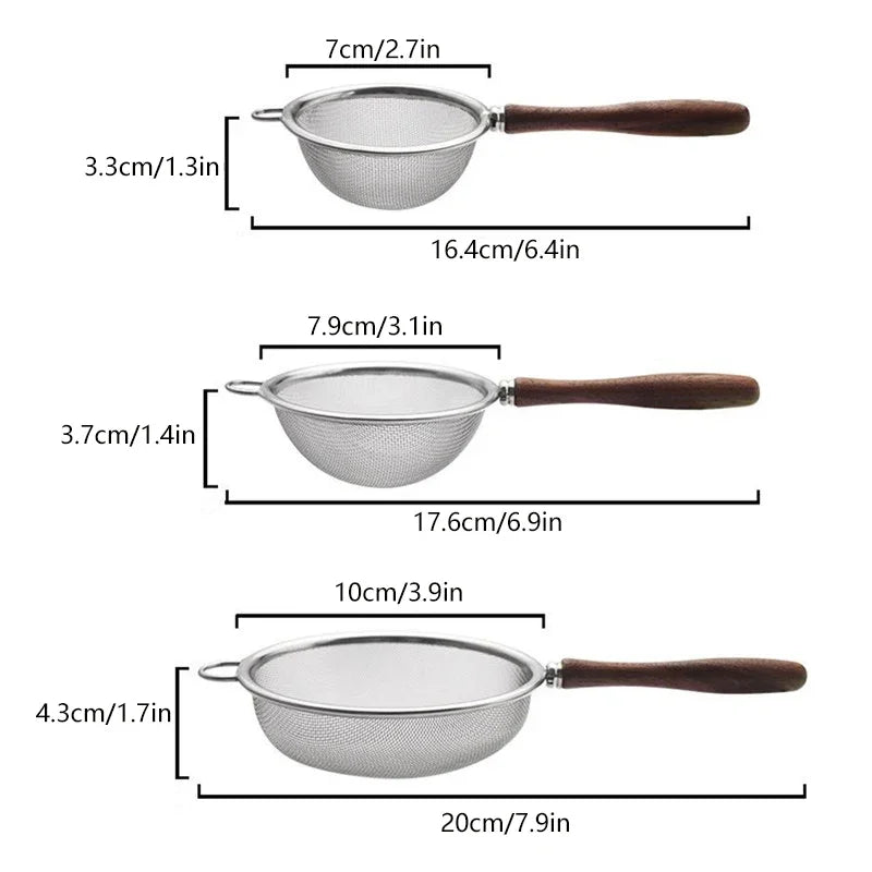 Wooden Handle Stainless Steel Small Colander Fine Mesh Oil Strainer Multi-function Filter Mesh Flour Sifter Kitchen Baking Tools Zpaxo