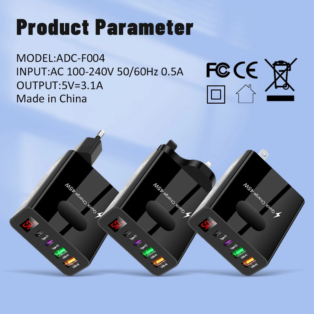 45W 4-Port USB-C Fast Wall Charger | QC 3.0 & PD Display USB Wall Charger Zpaxo