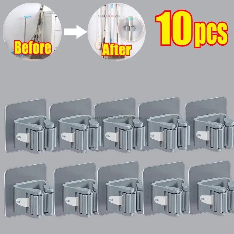Household Bathroom Non Perforated Mop Holder, Broom Holder, and Card Holder Self-adhesive Mop Holder Kitchen Accessories Zpaxo 10pcs-Grey