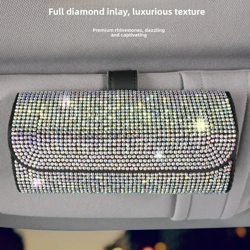 Portable Bling Sun Visor Glasses Case Rhinestone PU Leather Car Eyeglasses Holder Crystal Luxury Sunglasses Storage Box Vehicle Zpaxo