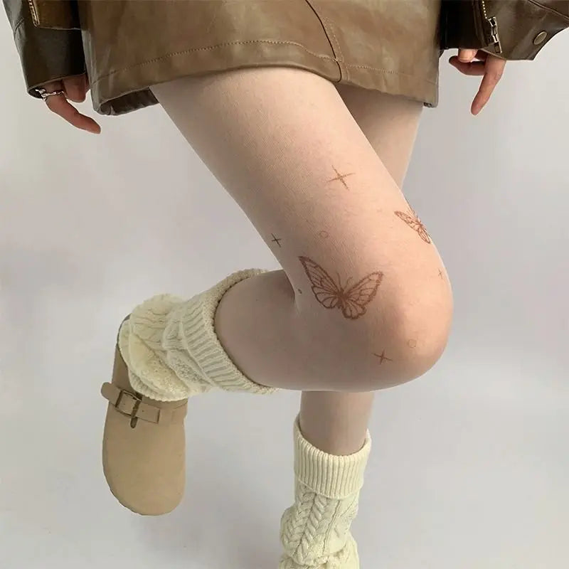 Sexy Women Black Tights Vintage Y2K Butterfly Print Transparent Silk