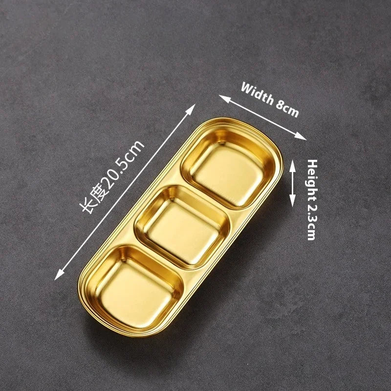 304 Stainless Steel 3-Compartment Dip Tray | Korean BBQ Sauce Condiment Dip Tray Zpaxo Gold