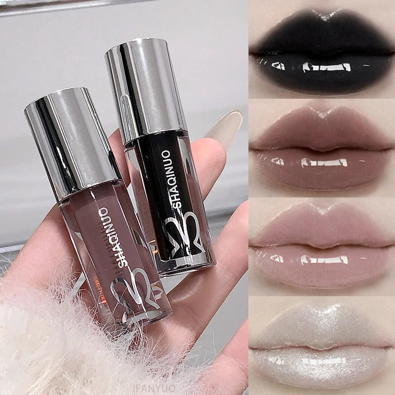 Water Light Mirror Moisturizing Lip Gloss Punk Black Silver Fine Flash Low Saturation Lip Glaze Long-lasting Nude Lip Makeup Zpaxo