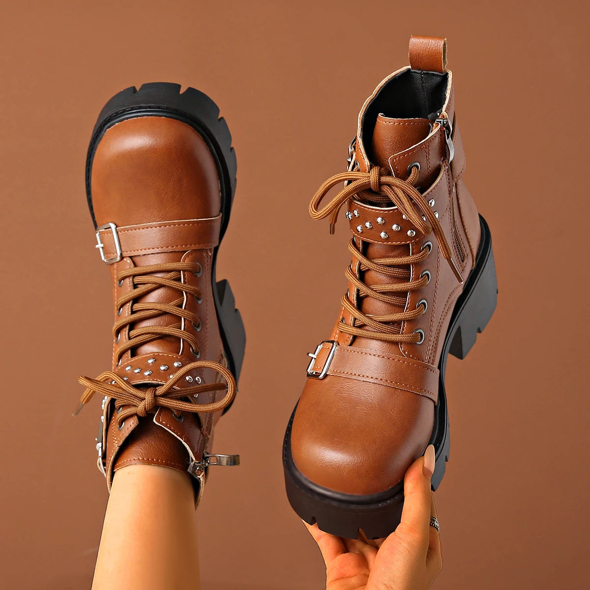 Women Ankle Boots 2025 New Fashion Lace Up Shoes Comfortable Luxury Buckle Strap Boots Women Solid Chunky Heel Mid-Calf Boots Zpaxo Brown 43