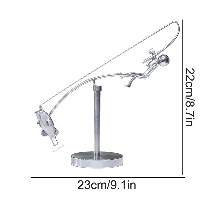 1Pcs Kinetic Fishing Sculpture - Balance Art For Your Space Balance Art Sculpture Fisherman Home Decoration 23cm x 22cm Zpaxo Silver