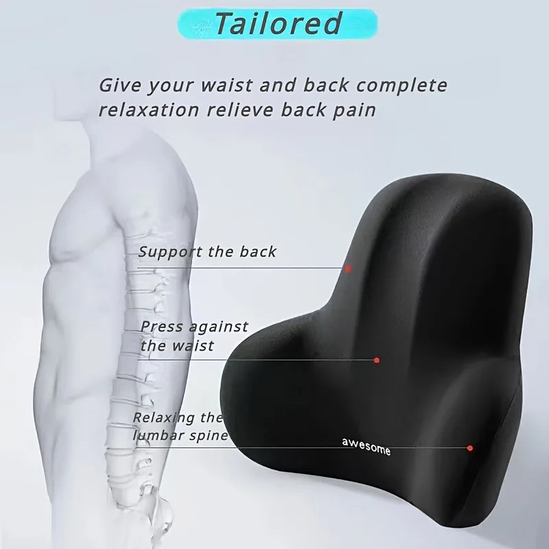 Memory Foam Seat Cushion 2-in-1 Lumbar Pillow Office Car Grey Black