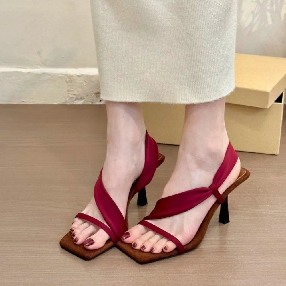 Retro Woman Shoes Sandals Stiletto Heels Square Toe 2025 Summer Original Girls High New Open Scandals Slides Pumps Slipper Zpaxo Red 36