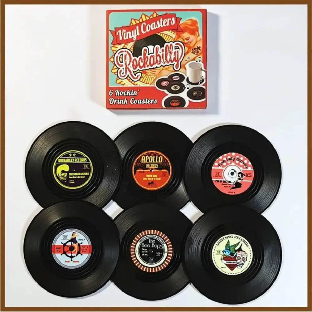 2/4/6PCS Retro Vinyl Record Cup Coaster Anti-slip Coffee Coasters Heat Resistant Music Drink Mug Mat Table Placemat Decor Zpaxo B-6PCS