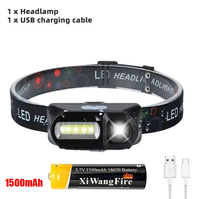 XPE+COB LED Headlamp USB Rechargeable 18650 – 6 Modes