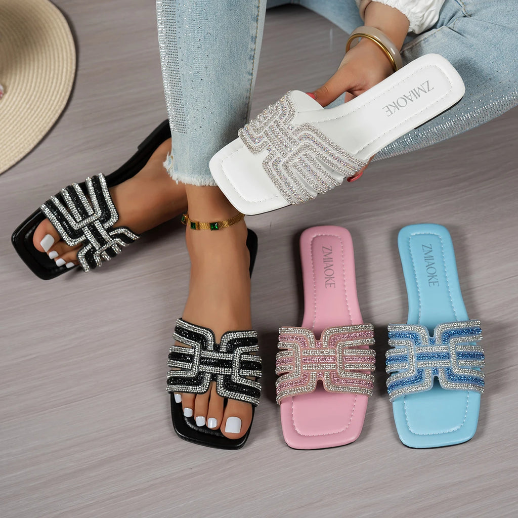 2026 Women Rhinestone Slippers Fashion Non-Slip Shoes Women Outdoor Slippers Designer Square Heel Flat Sandals Slides Women Zpaxo