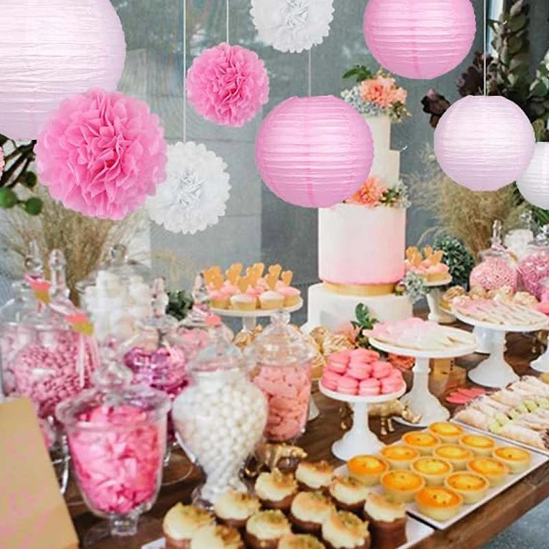 Pink White Paper Lanterns Tissue Pom Poms Bridal Shower Wedding